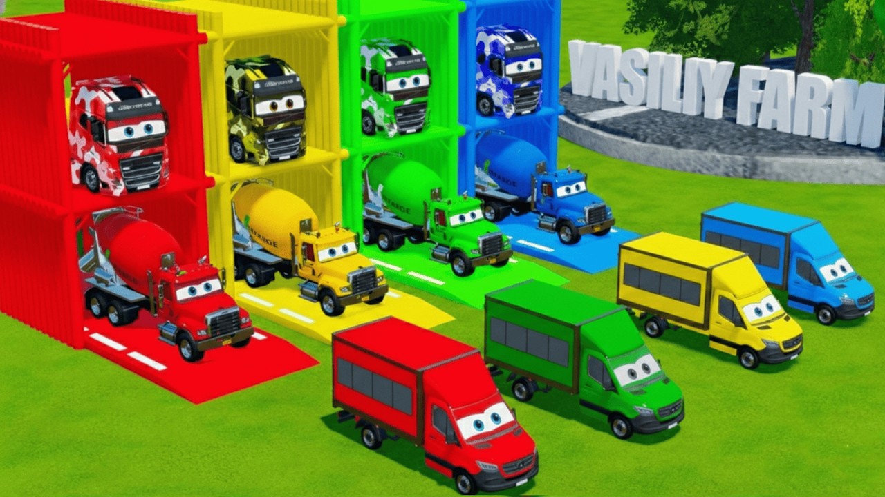 Garage with Colors - ALL MIXER TRUCK WITH DOUBLE FLATBED TRAILER TRUCK, KENWORTH, MAN, IVECO - FS22