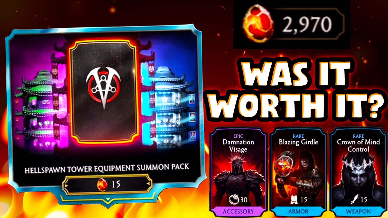 MK Mobile. Hellspawn Tower Equipment Summon Pack HUGE Pack Opening. Was It Worth it?