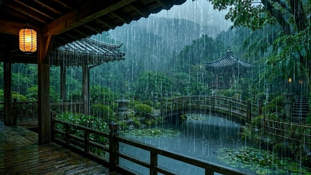 🌧️ Forest Rainstorm on Cabin Porch | Gentle Rain on Garden Pond | Deep Sleep Rain ASMR