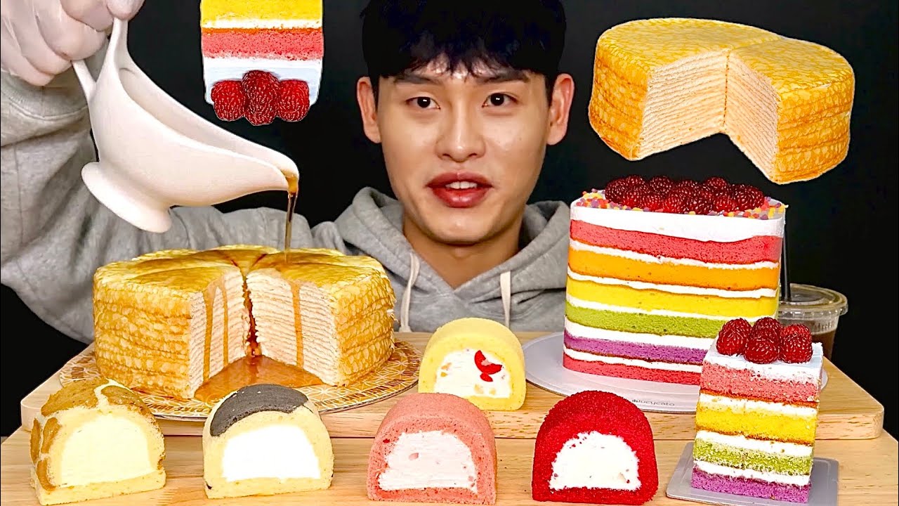 무지개케이크 촉촉한 밀크크레이프 케이크 생크림롤빵 먹방~!!Rainbow Cake Milk Crepe Cake MuKBang~!!