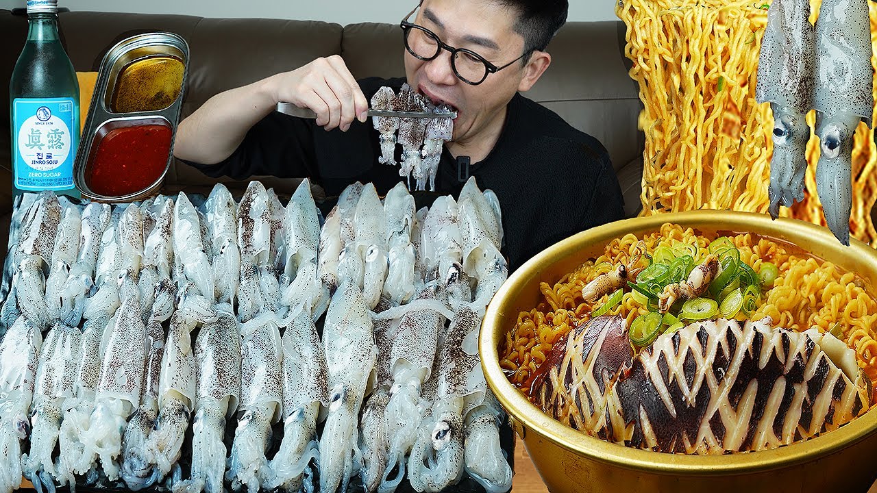 ASMR MUKBANGㅣRaw Baby squid & Spicy RamyeonㅣEATING SHOW