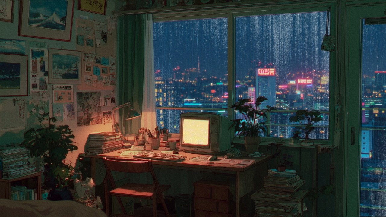 Rainy Night at the Desk 🌙 Cozy Room w/ Lo-fi Beats to Relax/Study