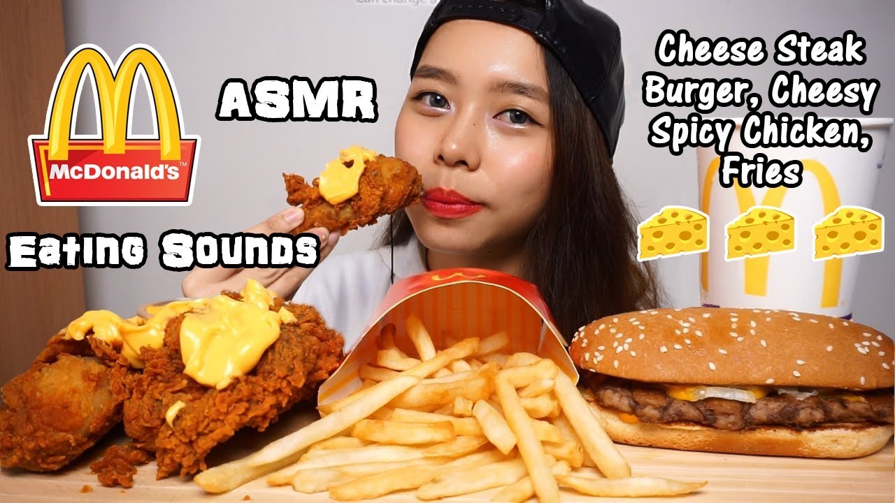 ASMR McDonald's Cheese Steak Burger + Cheesy Spicy Chicken | Crunchy Eating Sounds | No Talking