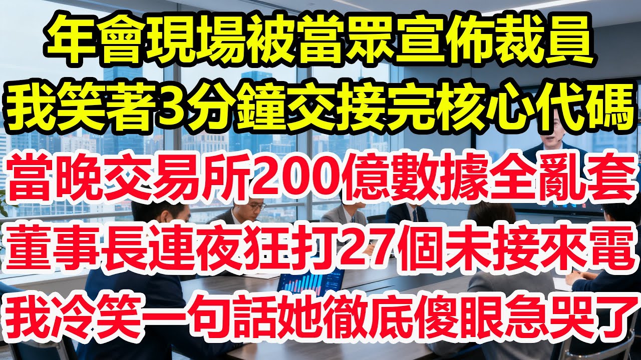 年會現場被當眾宣佈裁員，我笑著3分鐘交接完核心代碼，當晚交易所200億數據全亂套，董事長連夜狂打27個未接來電，我冷笑一句話她徹底傻眼急哭了！#情感 #爽文 #職場 #生活 #總裁