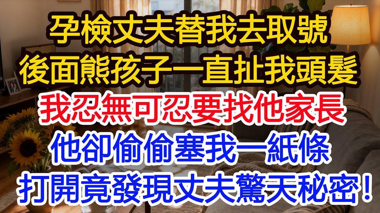孕檢丈夫替我去取號後面熊孩子一直扯我頭髮我忍無可忍要找他家長他卻偷偷塞我一紙條打開竟發現丈夫驚天秘密#為人處世 #正能量 #故事分享 #生活經驗 #情感