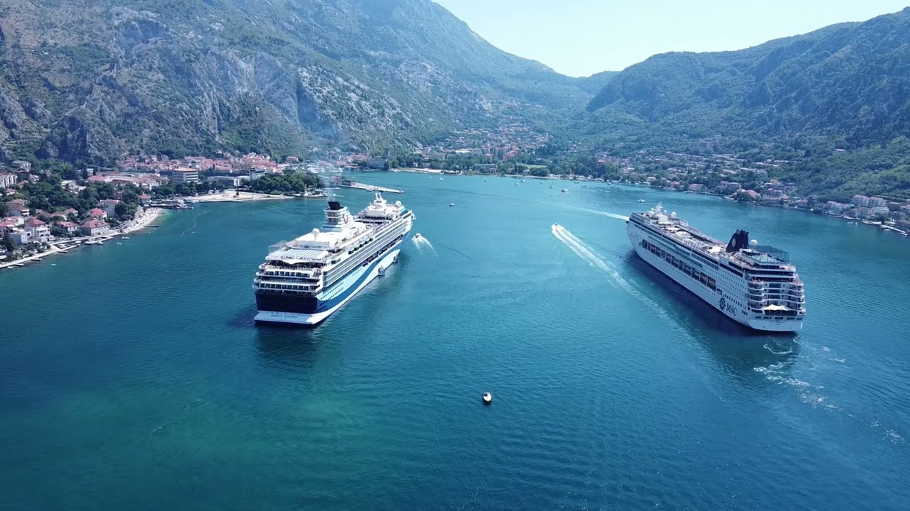 Crazy cruise ship race, Kotor,  Boka bay, Montenegro, Drone footage 4k