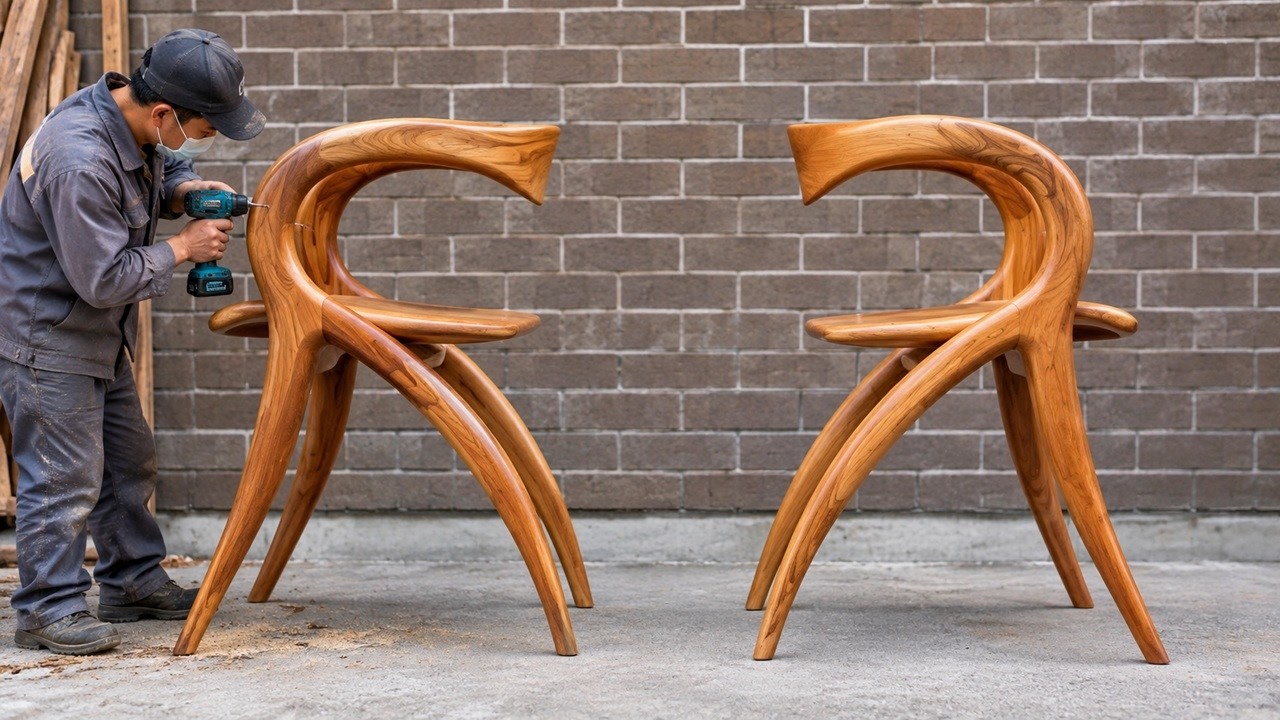 The Art of Unique Woodcraft &ndash; Two artistic wooden chairs featuring captivating curves.