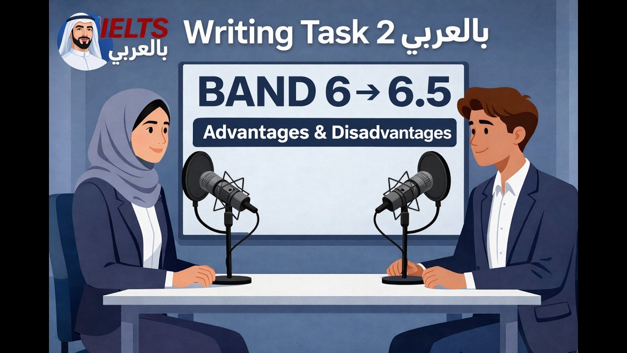 IELTS Writing Task 2: Advantages & Disadvantages بالعربي | قالب جاهز + مثال كامل + Band 6 → 6.5
