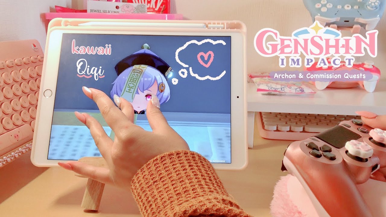 🥕 playing genshin impact on a cute ipad setup | 1hr of gameplay (jp dub) | kawaii mee