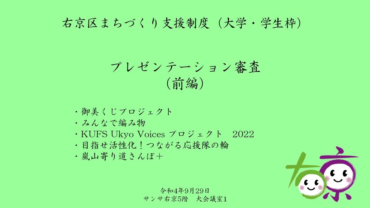 令和4年度　右京区まちづくり支援制度（大学・学生枠）　プレゼンテーション審査（前編）