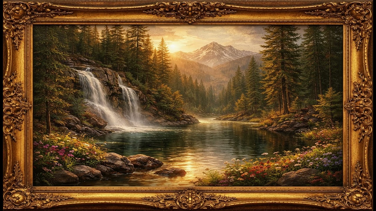 Relaxing Nature Ambience in Vintage Gold Frame | Waterfall & Peaceful Landscape