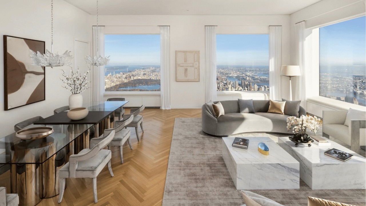 Внутри квартиры на полэтажа по адресу 432 Park Avenue с видом на Центральный парк и 12-футовыми п...