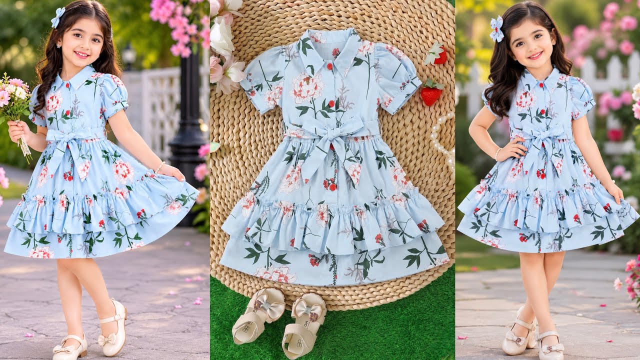 Button Placket Lapel Collar With Puff Sleeve Belted Baby Frock Cutting and Stitching/Baby Frock