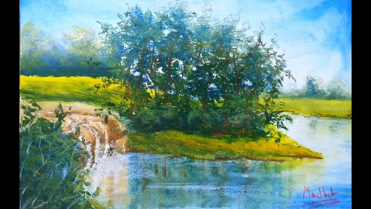 Spring Landscape - Drawing scenery using oil pastel - How to use oil pastels - oil pastel lesson
