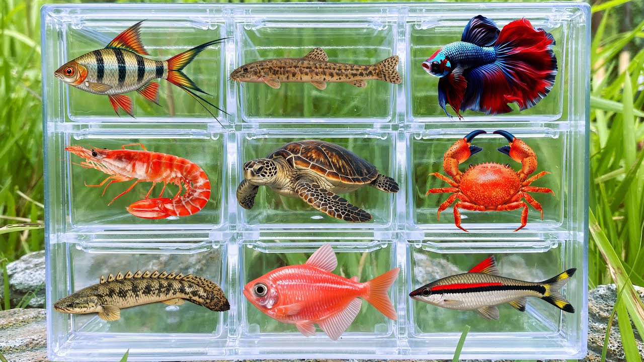 Fish: Shrimp, Crab, Turtle, Barb Fish, Bichir Fish, Glofish Tetra, Loach, Betta Fish, Roseline Shark