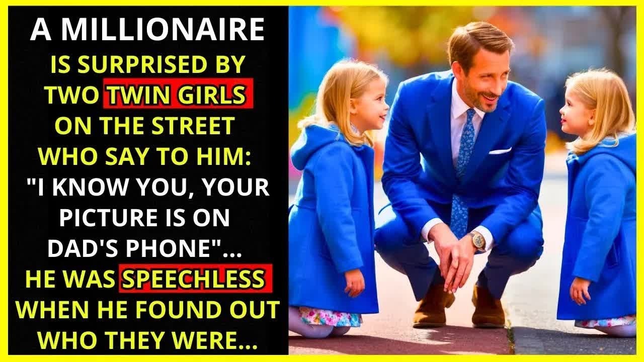 TWO LITTLE TWIN GIRLS SAY,  I KNOW YOU, YOUR PICTURE IS ON MY DAD_S PHONE,  TO THE MILLIONAIRE