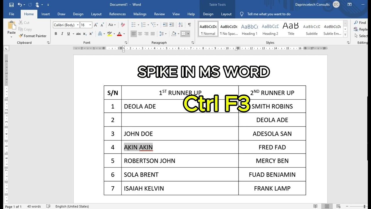 SPIKE IN MICROSOFT WORD