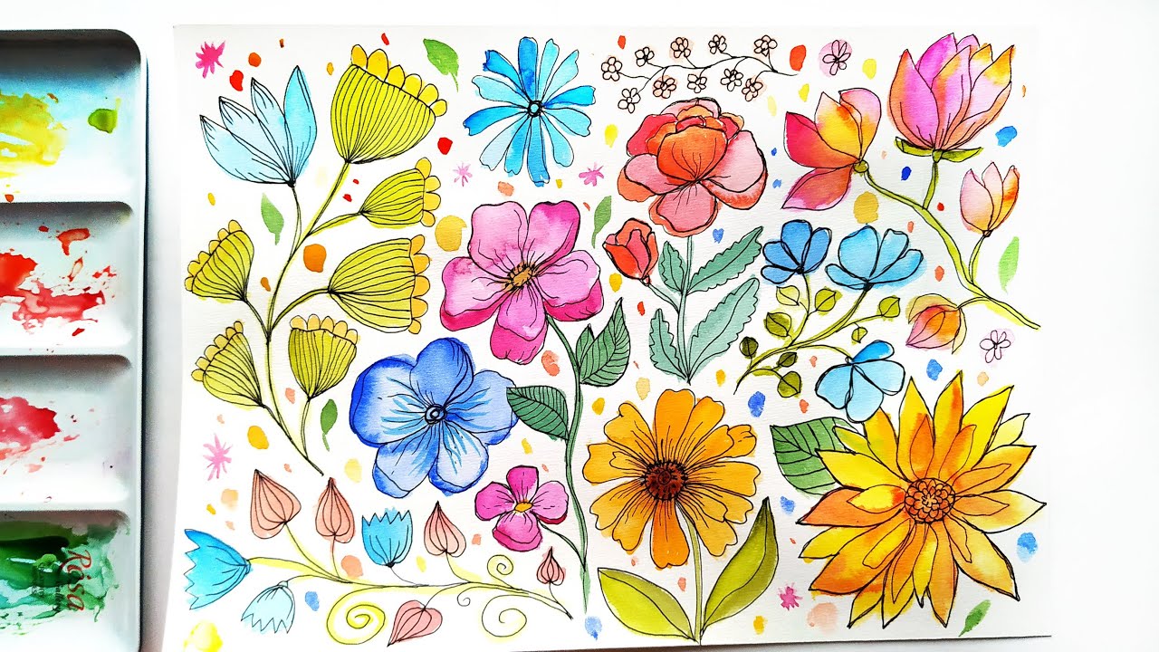 Easy Spring Flowers Painting Ideas   Line Art And Watercolor Painting For Beginners