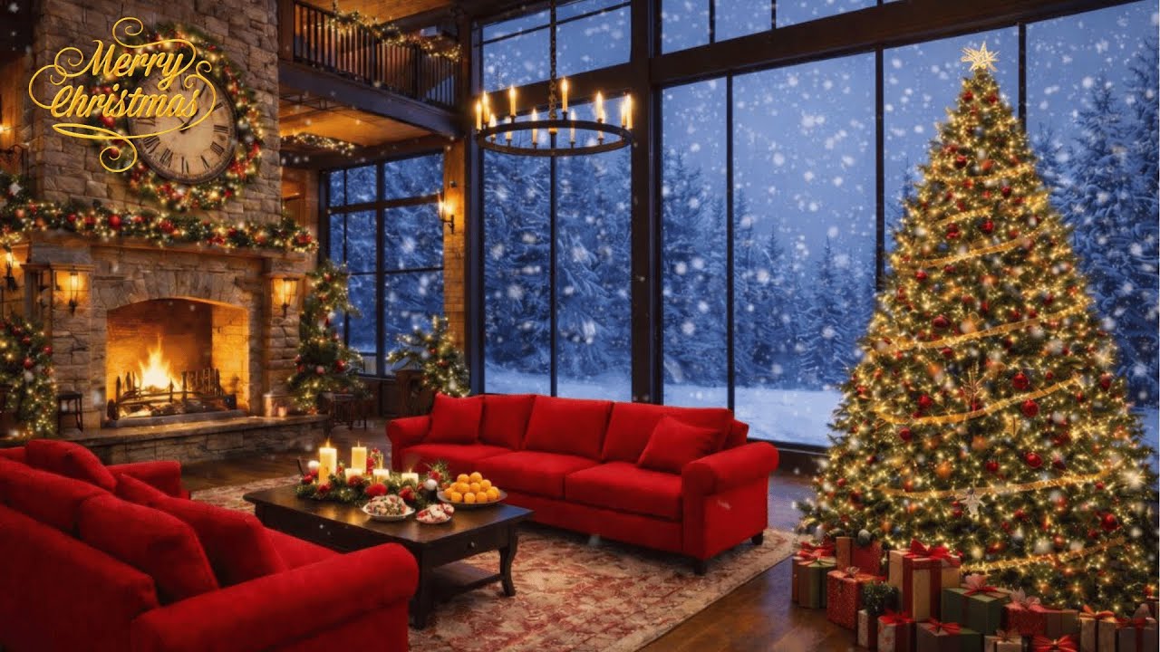 Cozy Christmas Fireplace Ambience 🎄 Christmas Music & Crackling Fire | Snowfall, Warm Cabin 4K