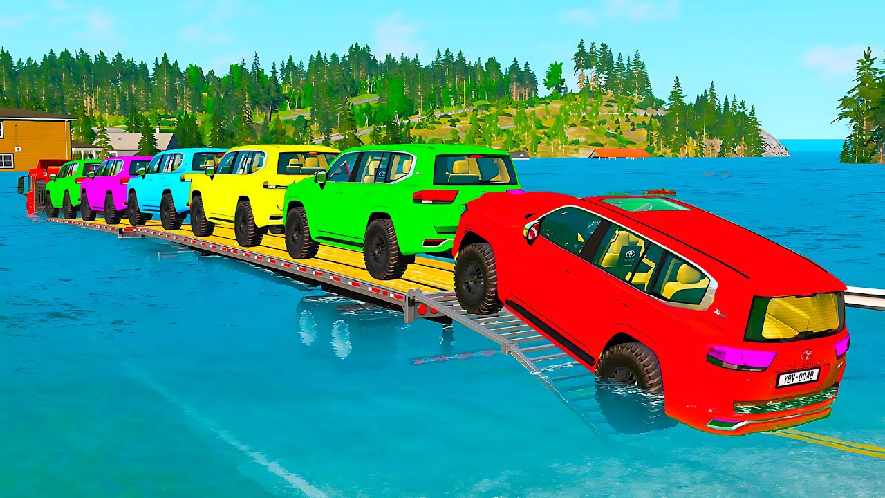 Triple Flatbed Trailer McQueen Transportation with Truck - Speedbumps vs Cars vs Train - BeamNG #56