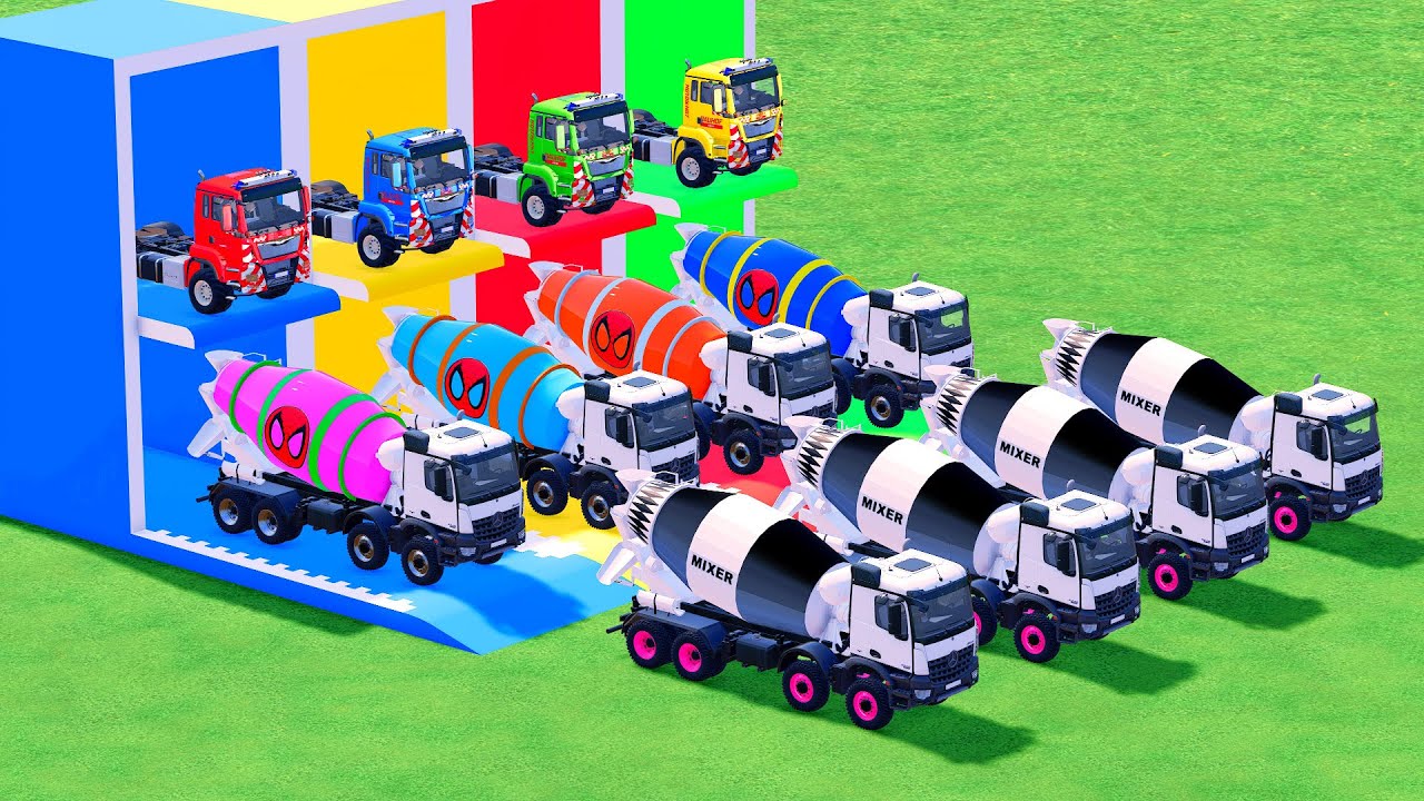 Garage with Colors - ALL MIXER TRUCK WITH DOUBLE FLATBED TRAILER TRUCK, MACK, IVECO, SCANIA - FS22