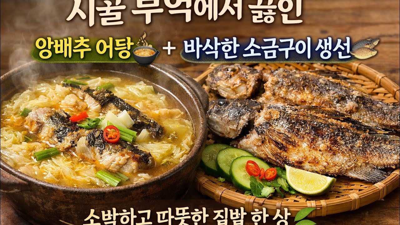 시골 부엌에서 끓인 양배추 어탕과 바삭한 소금구이 생선 🐟