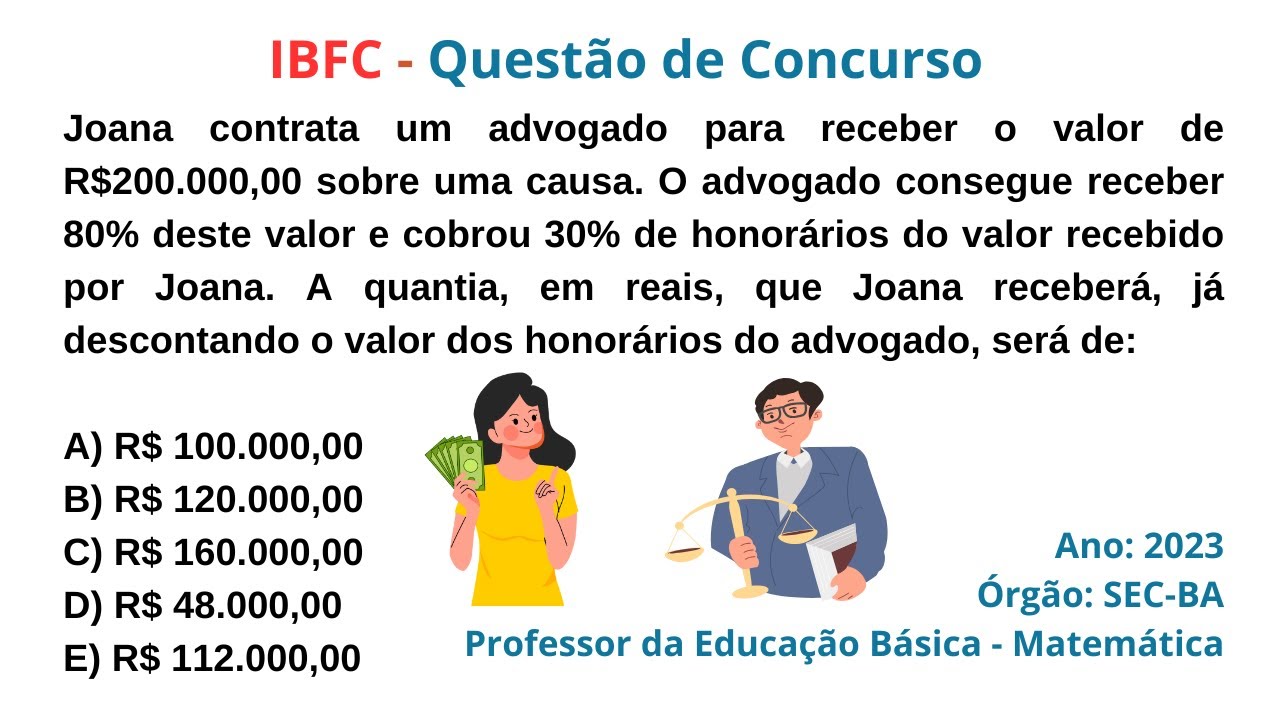 IBFC (2023) | PORCENTAGEM | QUESTÃO DE CONCURSO | Joana contrata um advogado para receber o valor...