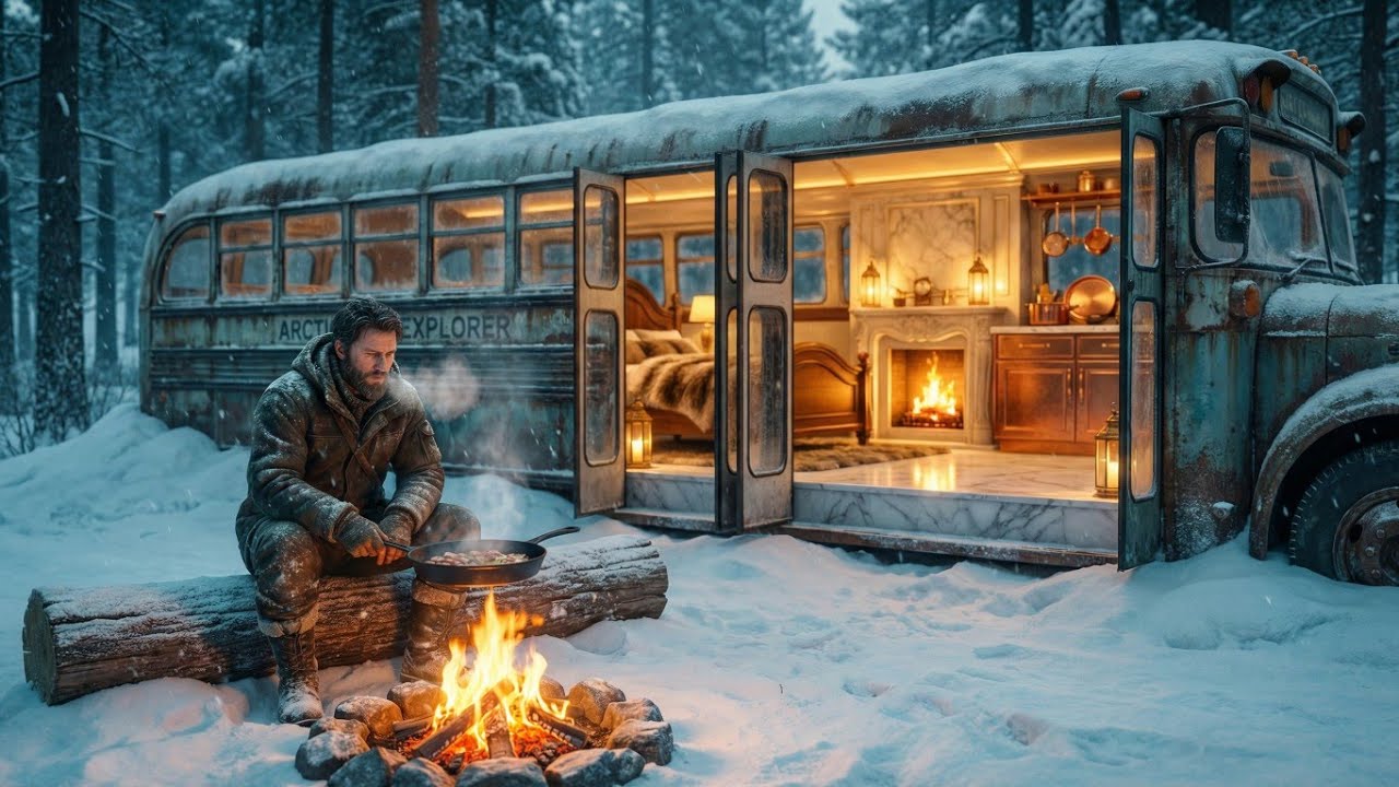 I Turned a Rusted 1950s Bus Into a Luxury Marble Survival Shelter | Snowstorm Alone