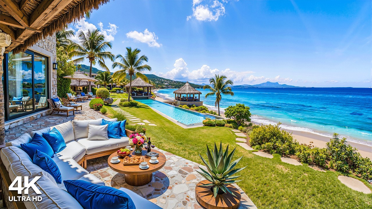 Smooth Bossa Nova Guitar at Tropical Beach Ambience 🌴 Relaxing Morning Jazz & Ocean Waves for Study