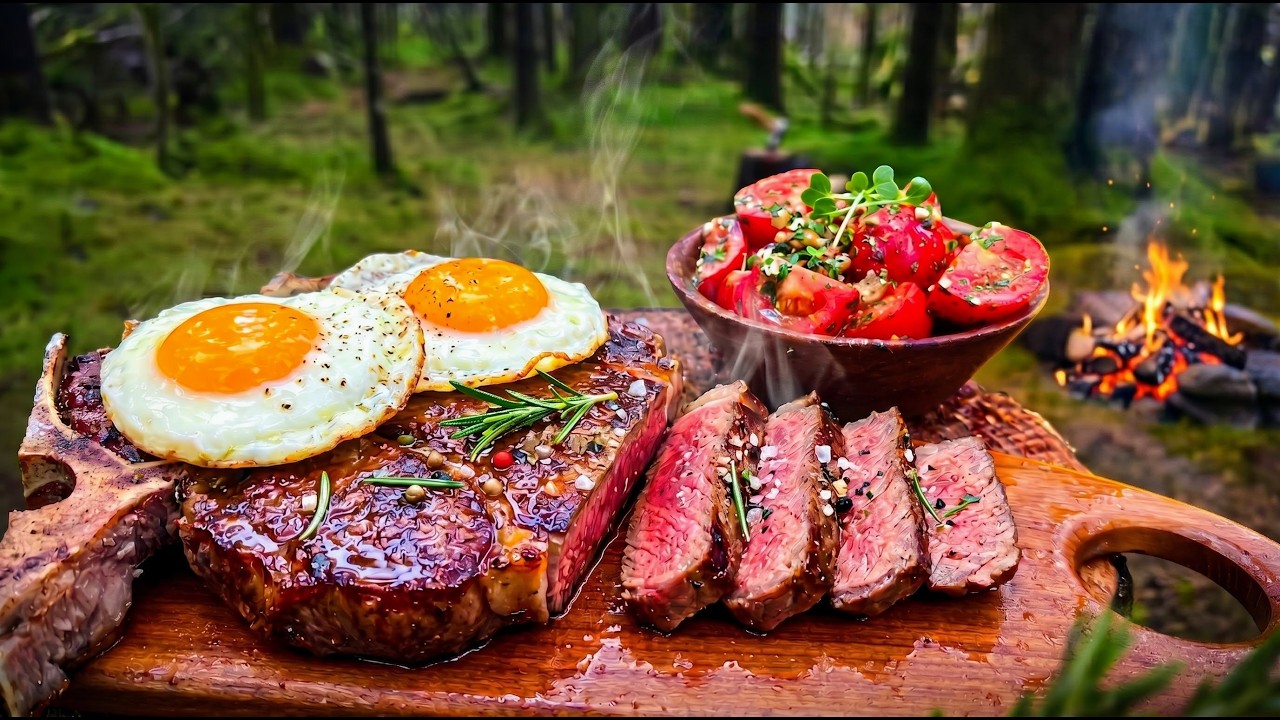Garlic Butter Steak Cooked Over a Campfire in Rainy Alaska Forest