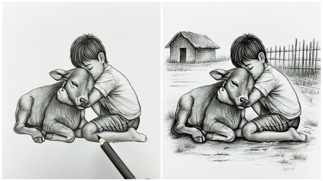 HOW TO DRAW a Boy Hugging a Calf with Pure Childhood Emotion