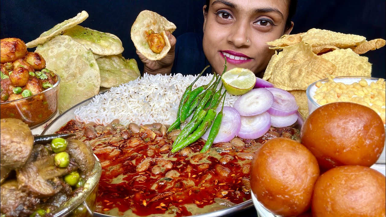 Rajma Chawal Puri Dum Aloo Matar Mashroom Gulab Jamun Bundi Raita Papad Eating 