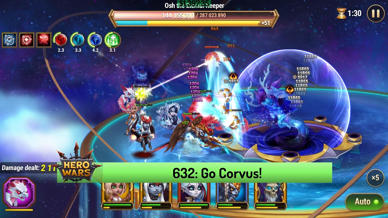 Let's Play Hero Wars 632: Corvus Doing Some Decent Damage to 140 Osh This Week