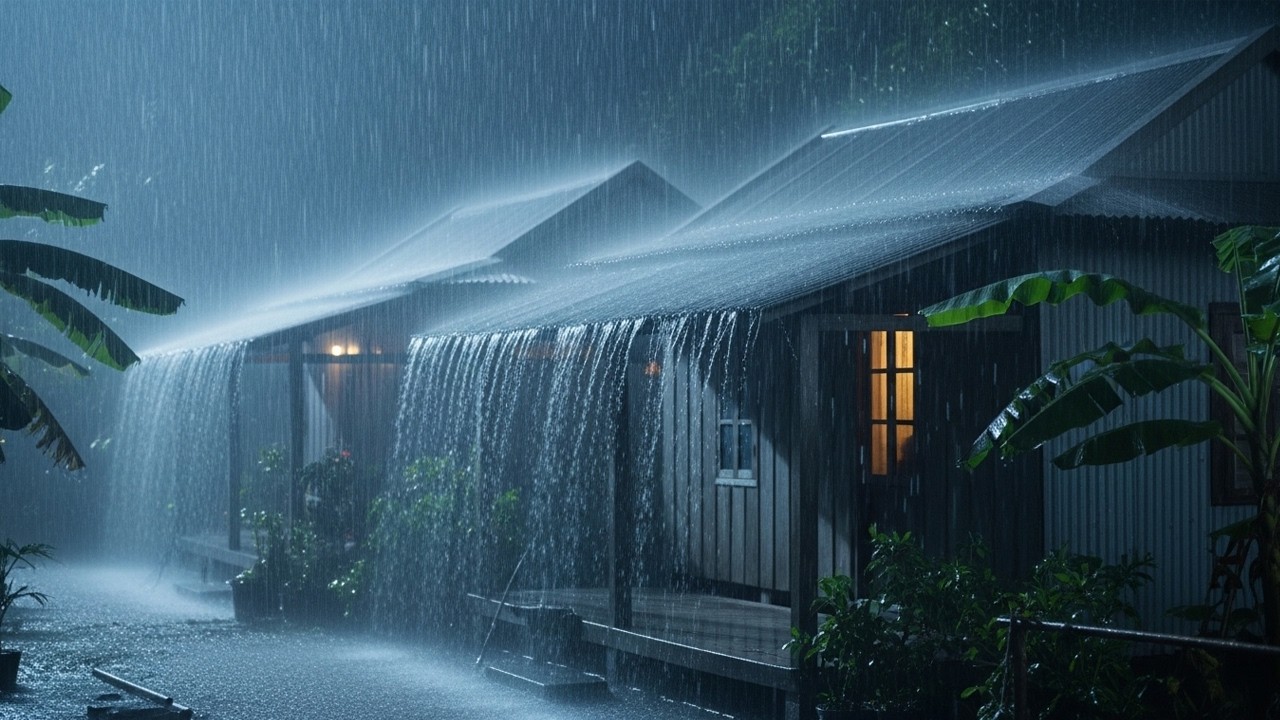 Goodbye Insomnia with Heavy Rain & Thunder Growls on a Stale Tin Roof in Foggy Murky Forest at Night