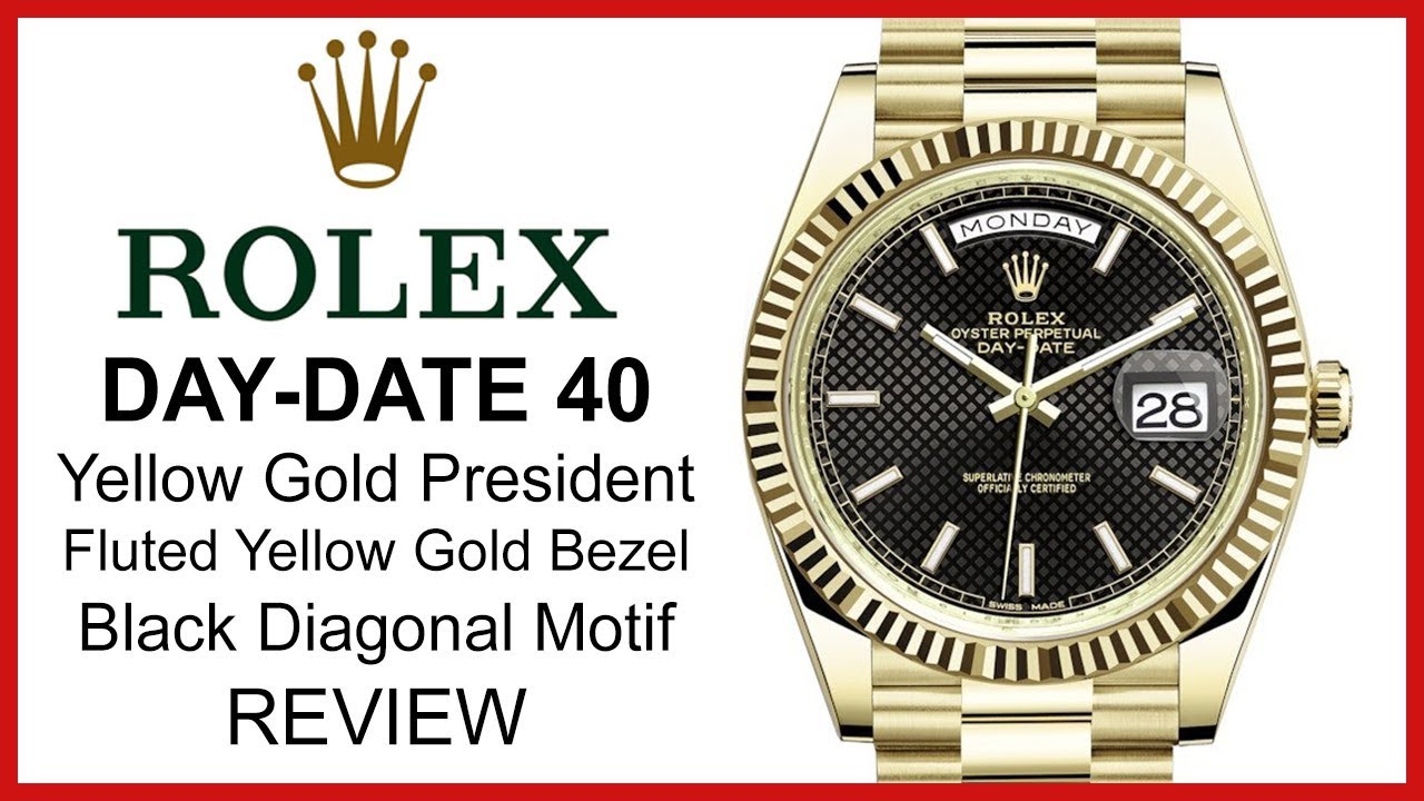 Rolex Day-Date 40, Black diagonal Motif Dial, fluted yellow Gold Bezel, President - REVIEW 228238