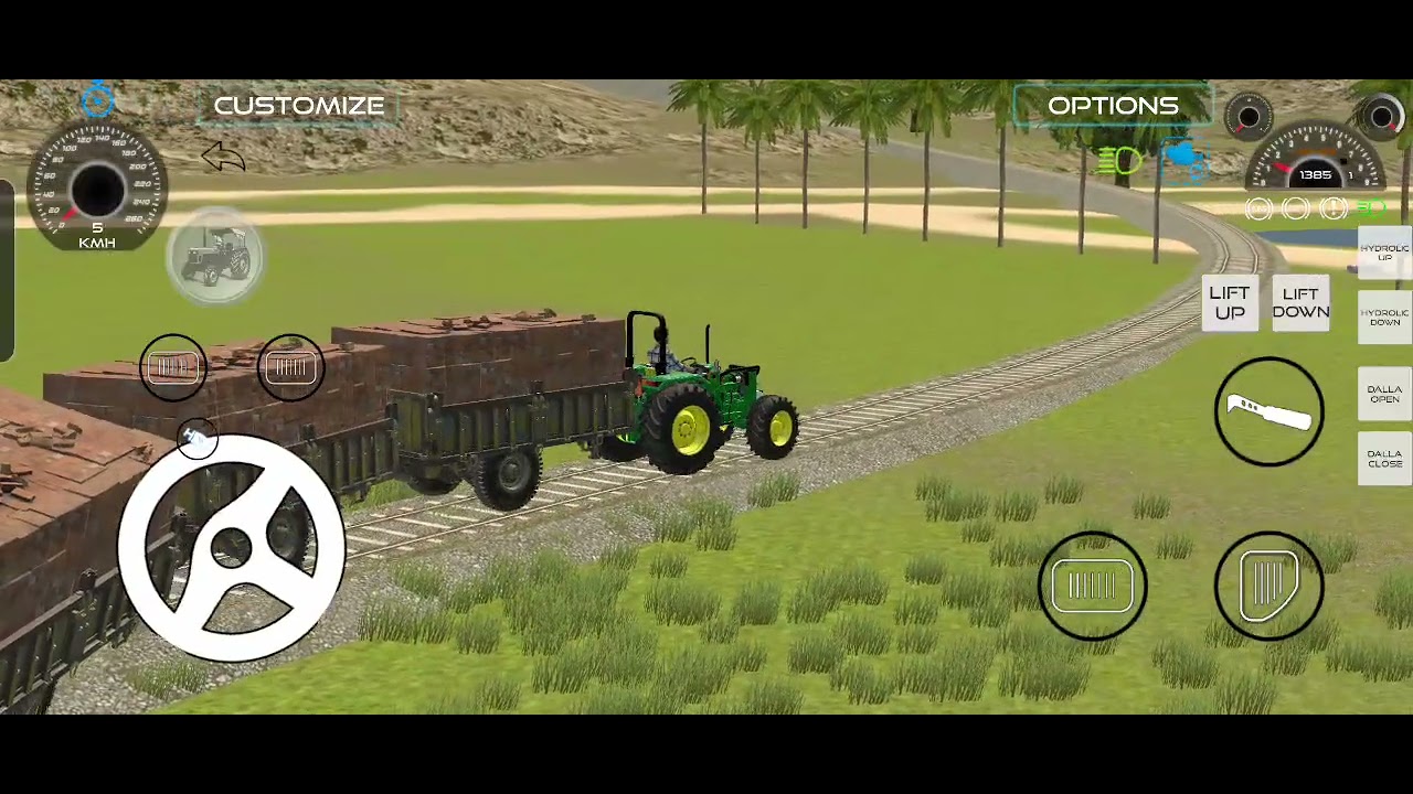 John Deere 5075 driving on the village going to city 
