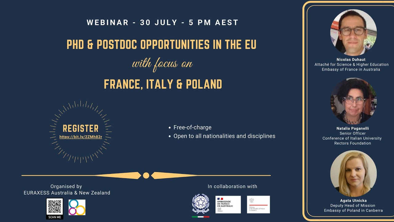 Webinar: PhD & Postdoc Opportunities in the EU with focus on France, Italy & Poland