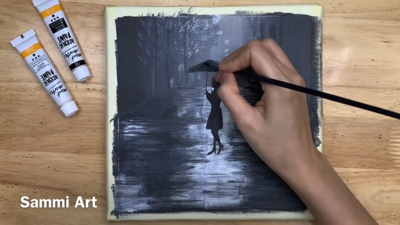 Daily challenge #68/ Rainy night alone/ Acrylic painting/Easy Painting black and white