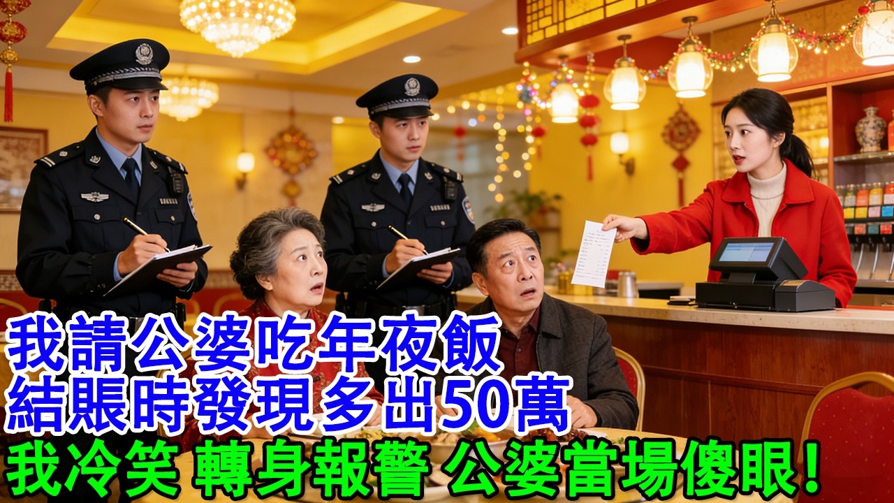【春節快樂】我請公婆吃年夜飯，結賬時發現多出50萬。服務員:隔壁包廂男人點了一桌菜說記您賬上。我冷笑，轉身報警，公婆當場傻眼#婆媳 #家庭 #婚姻 #情感 #情感故事 #故事 #家庭故事 #家庭倫理