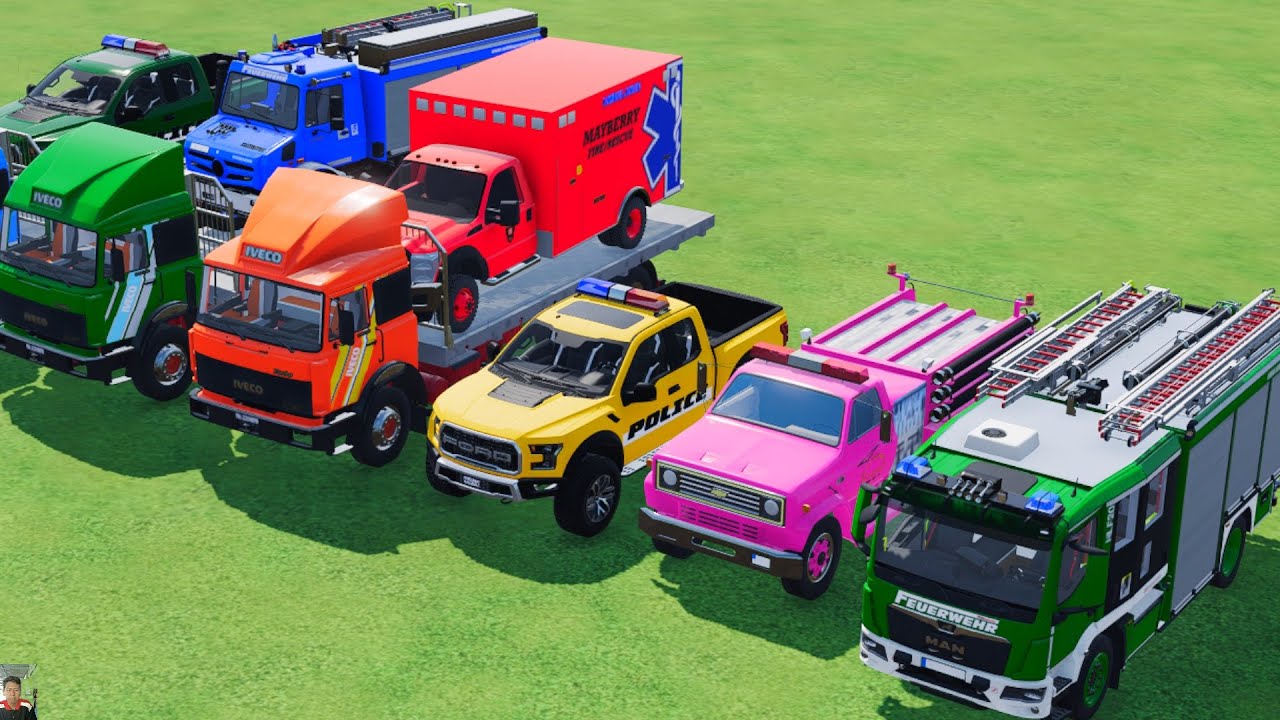 TRANSPORTING POLICE CARS, AMBULANCE, FIRE TRUCK, COLORFUL CARS WITH TRUCK GAME FARMING SIMULATOR 22