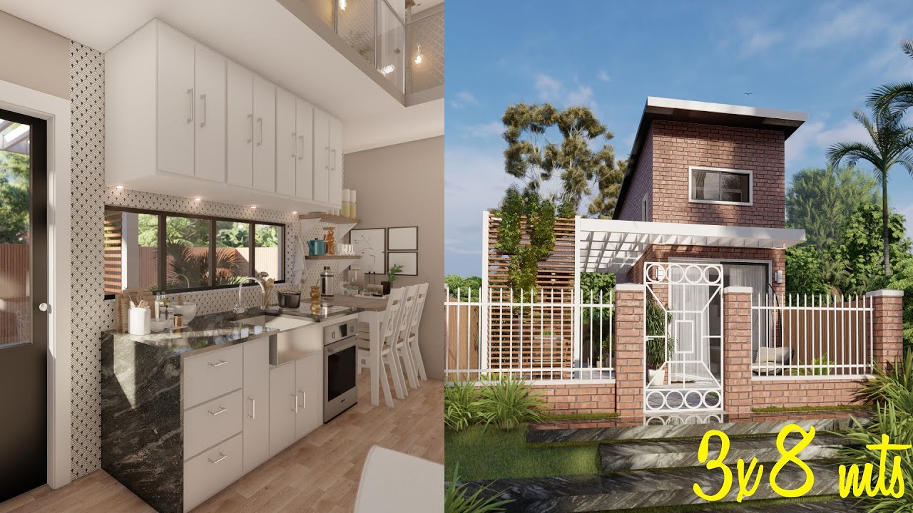 Plano de casa pequeña de 3x8 metros con 2 dormitorios