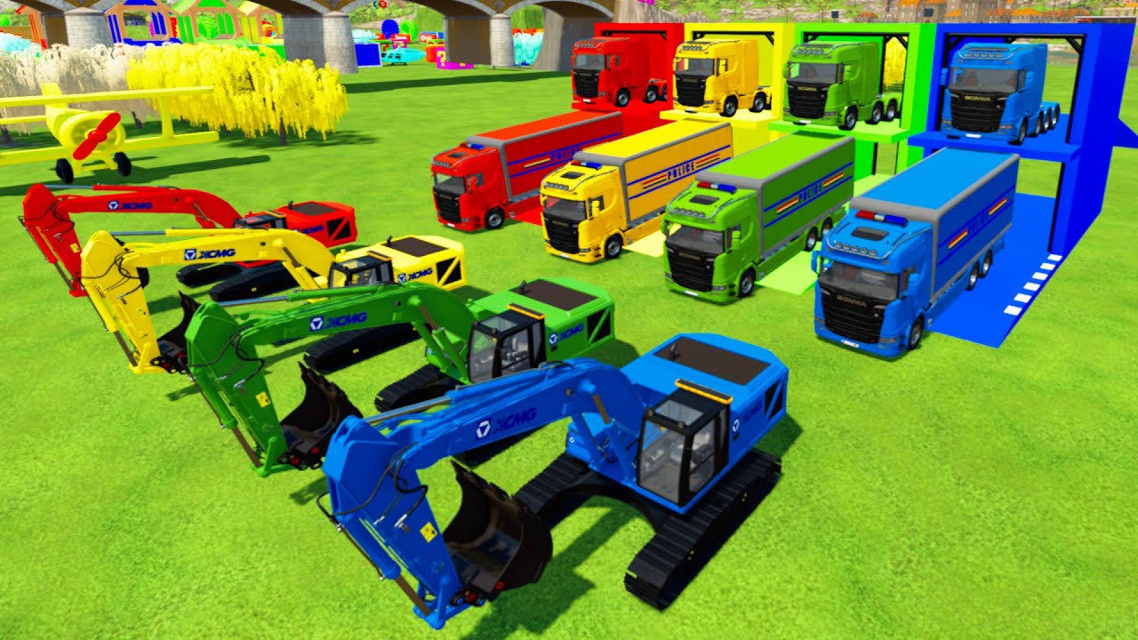 Garage With Color - COLORFUL XCMG EXCAVATOR, SCANIA POLICE TRUCK TRANSPORTING WITH FLATBED TRUCK