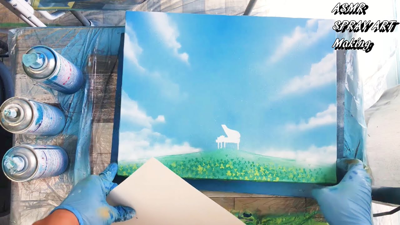 【ASMR】音を楽しむ スプレーアート制作風景 ピアノとクローバー畑 SPRAY ART Making