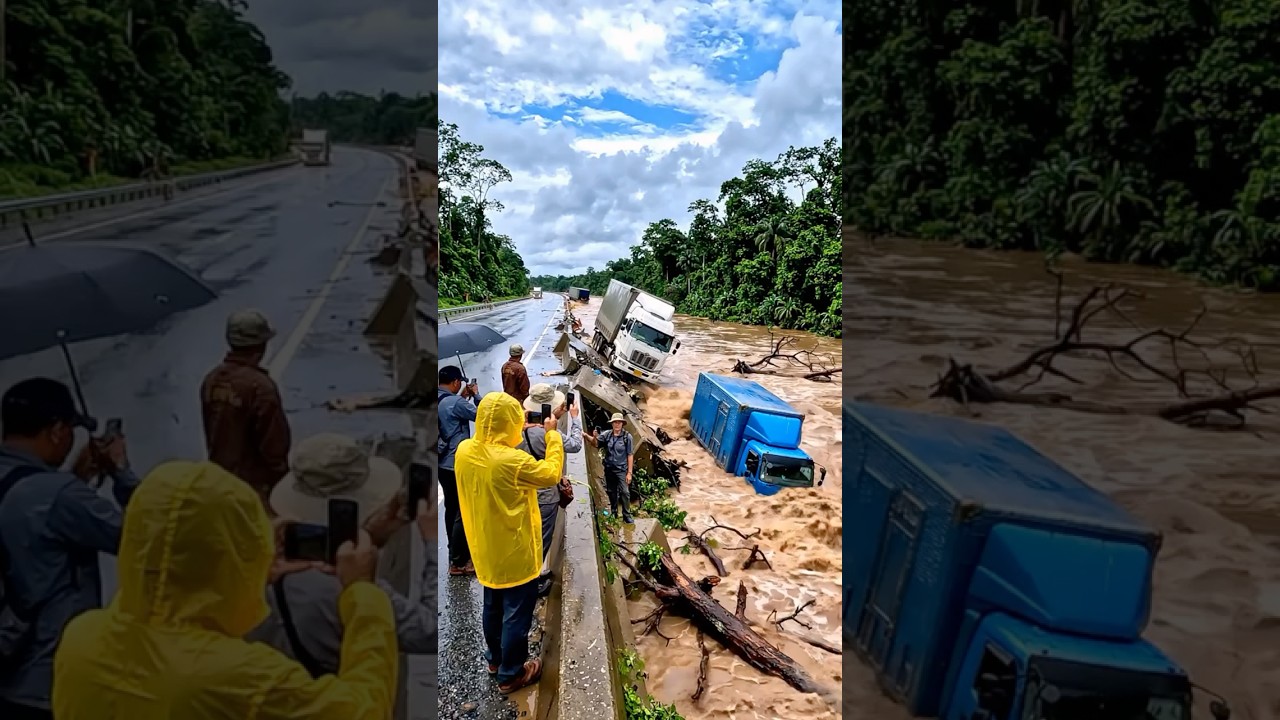 Highway Disaster in Tropical Flood Road Collapses Into Muddy Waters! #viral #shorts
