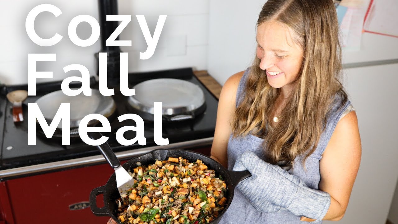 In the kitchen and around the farm | Apple sweet potato hash with greens and sausage