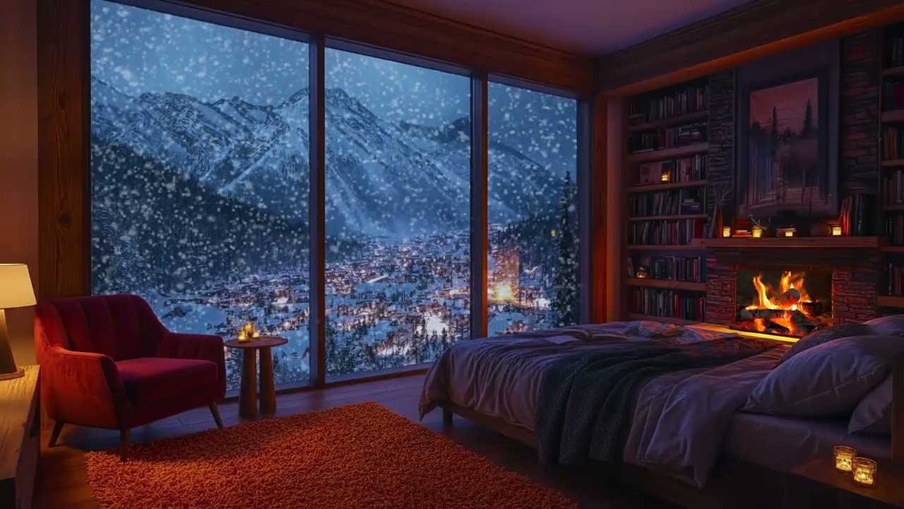Snowy Mountain Cabin Night ❄️ Fireplace Ambience for Study, Work and Peaceful Rest