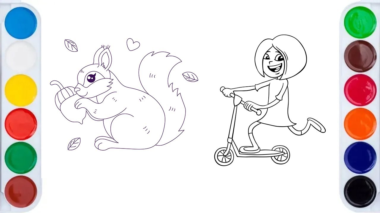 Easy drawing squirrel and cartoon girl scooter for kids