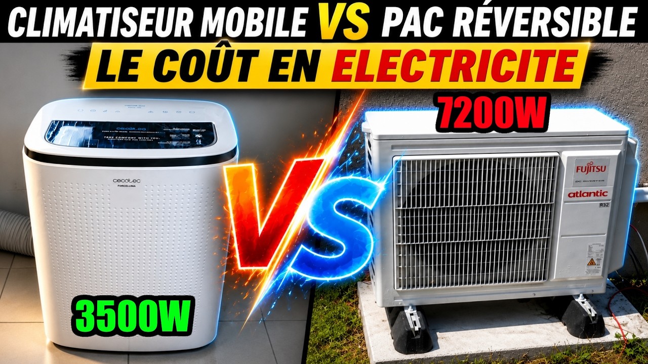 climatiseur mobile vs PAC r&eacute;versible : le co&ucirc;t en &eacute;lectricit&eacute; en canicule rouge ! &agrave; 22&deg;C !!