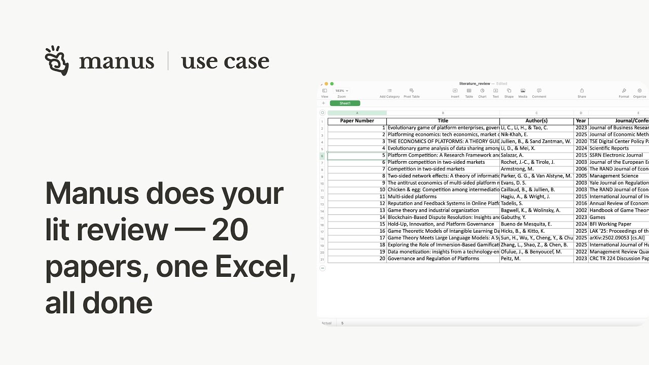 Manus does your lit review &mdash; 20 papers, one Excel, all done