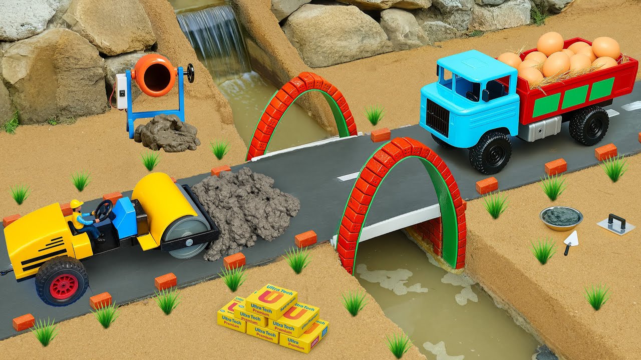 DIY Science Project Egg Truck Accident & Rebuilding Wooden Bridge with Concrete and Brick